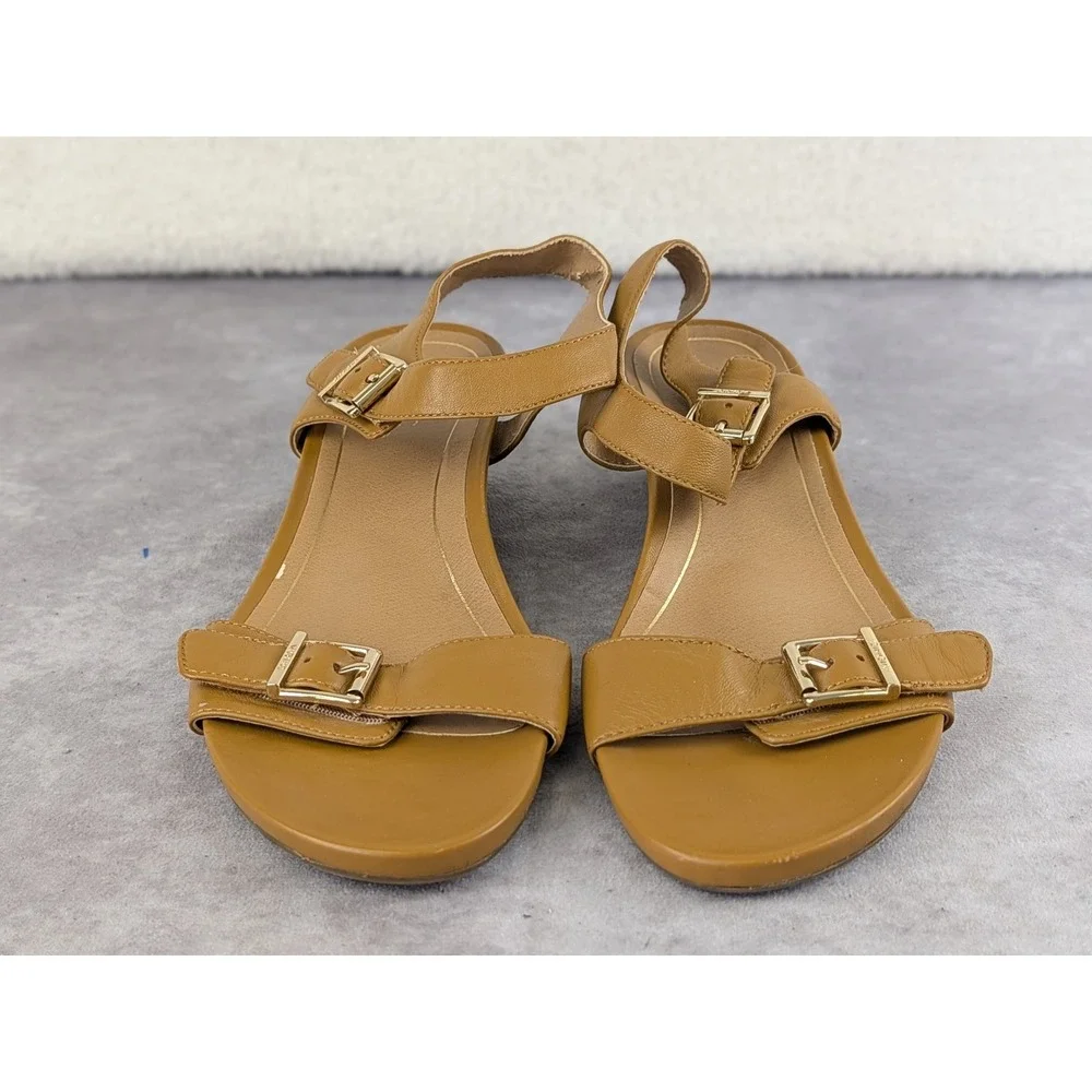 Vionic Frances VS303 Tan Leather Wedge Sandals Womens 10 Buckle Strappy Brown